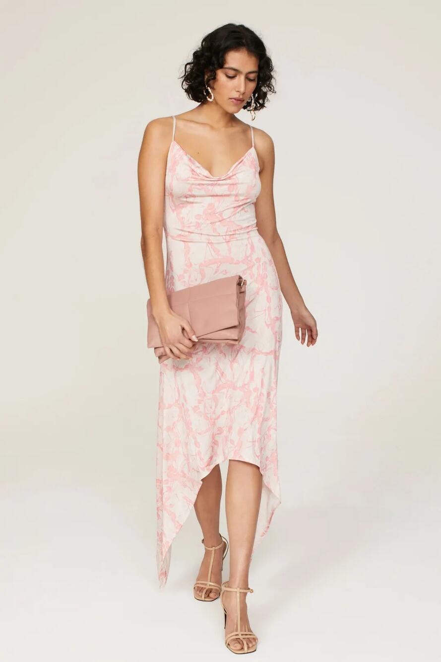 ARIAS New York Sz 2 Pink White Abstract Print Cowl Neck Handkerchief Slip Dress